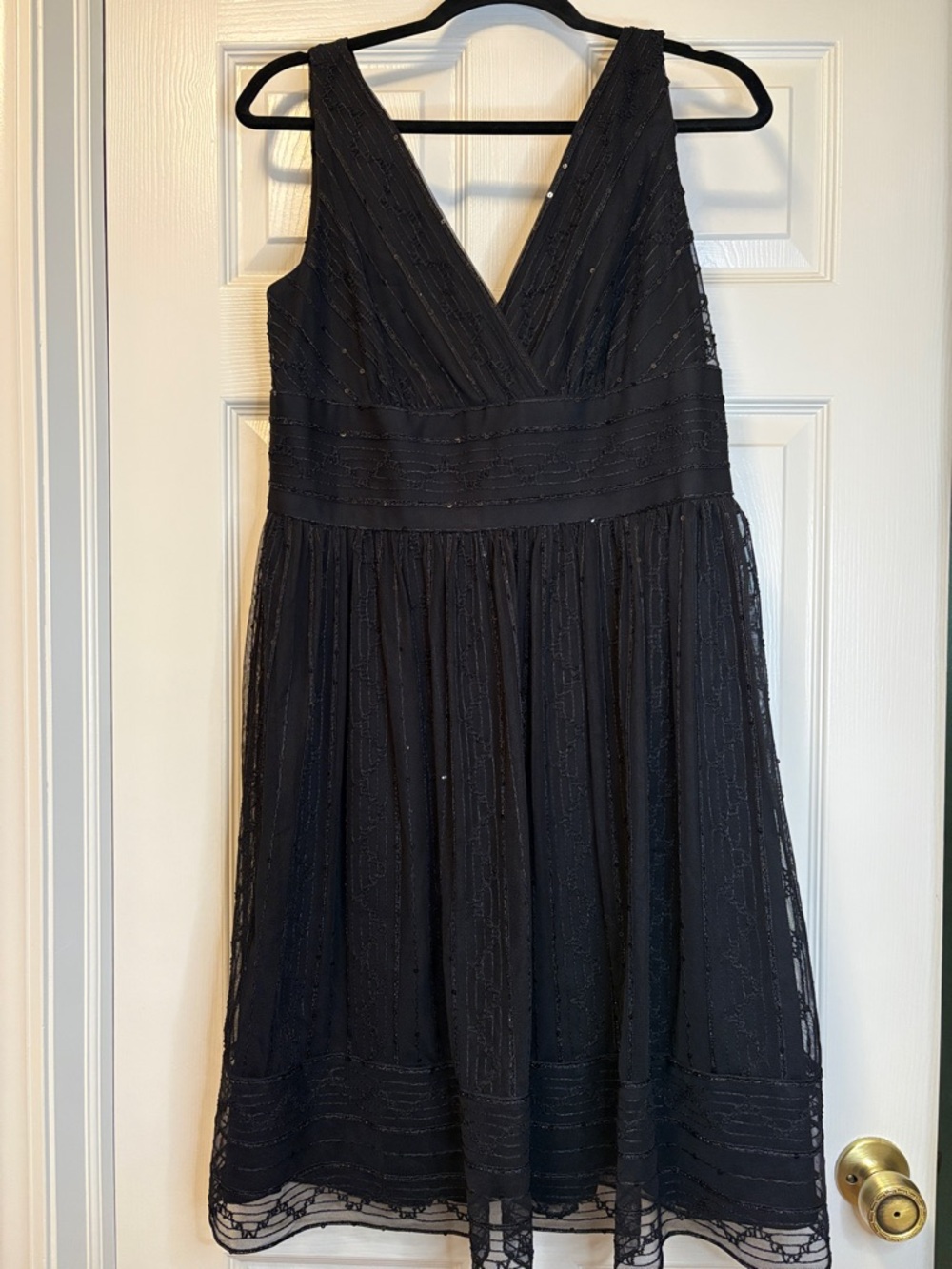 Maggy London Petites LBD Black V-Neck Sheer Beaded and Embroidered Midi Dress